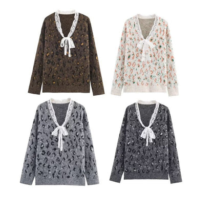 Women's Loose Ruffled Leopard Print Pullover Sweater