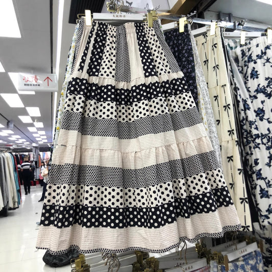Polka Dot Contrast Color Cotton Stitching Skirt Women's Slimming