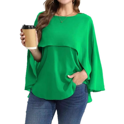 Cape Round Neck Long Sleeve Plus Size Women's Clothes Top