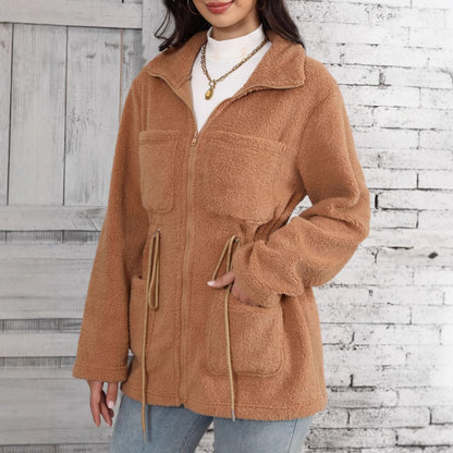 Loose Pockets Zipper And Lapel Long Sleeve Cardigan Plush Coat