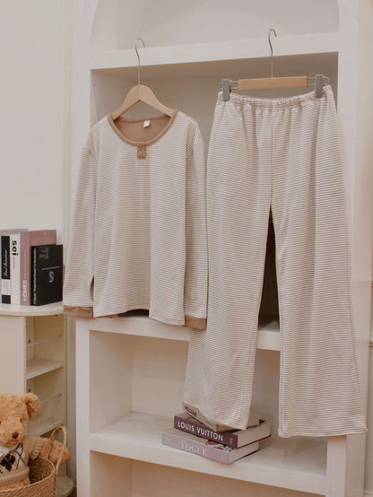 Round Neck Pullover De Velvet Pajamas Women's Autumn Long-sleeved Trousers Striped Homewear Suit