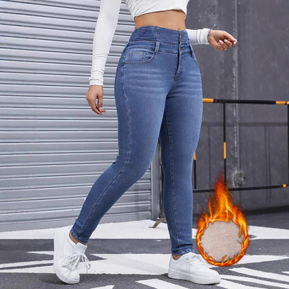 Women's Multi-button Fleece Addition Denim Trousers