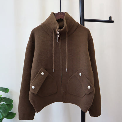 Loose Versatile Zipper Knitted Double-faced Woolen Goods Solid Color Coat For Women
