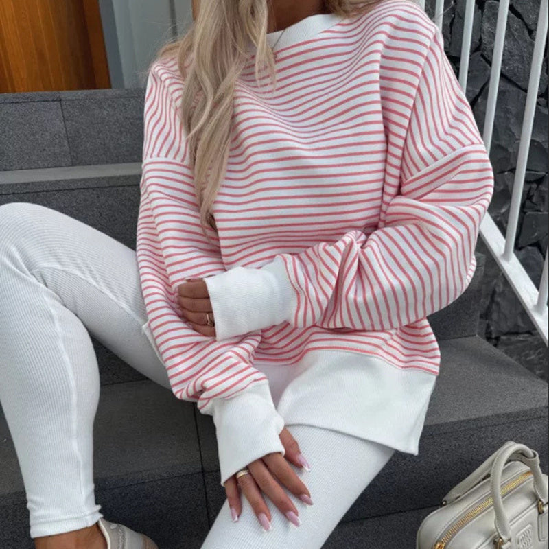 Women's Striped Sweatshirt Size Slit Long Sleeve Shirts For Women Crewneck Hoodies Casual Pullover Top
