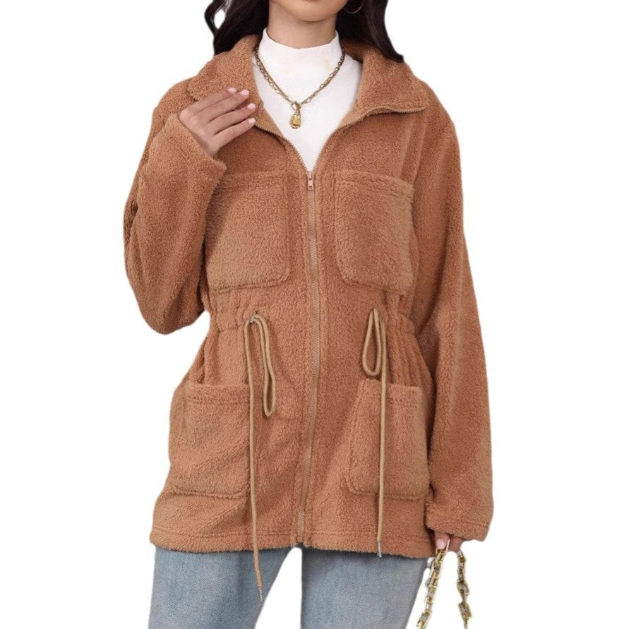 Loose Pockets Zipper And Lapel Long Sleeve Cardigan Plush Coat
