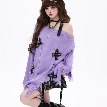 Hot Girl Ripped Tassel Off-the-shoulder Sweater For Women Autumn And Winter Loose