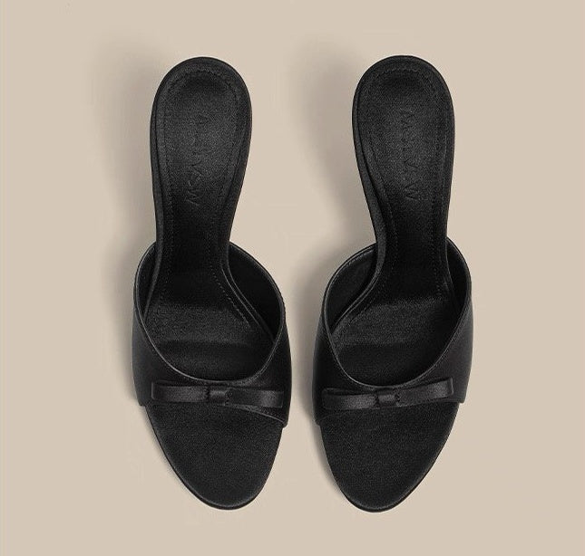 Female High-heeled Cool Mop Bow Large Size Silk Thin Heel Cool Mop New French Style Shoes