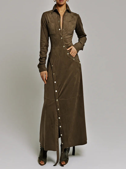 Olive Green Suede Shirt Dress With Asymmetric Snap Button Slit