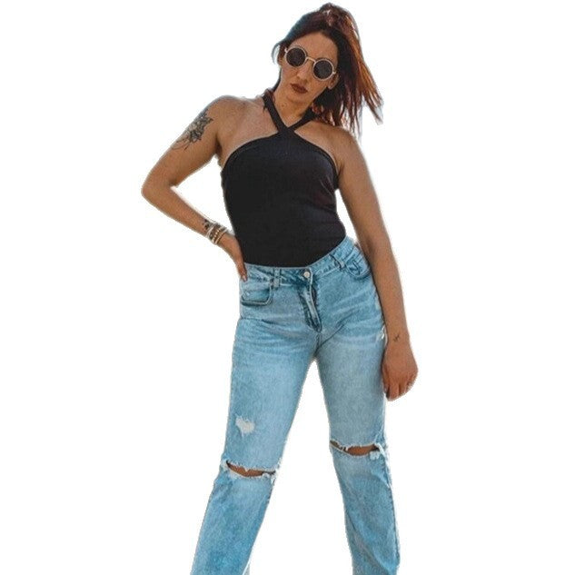 Hot Girl New Women's Plain Knitted Sleeveless Halter Jumpsuit