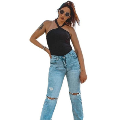 Hot Girl New Women's Plain Knitted Sleeveless Halter Jumpsuit