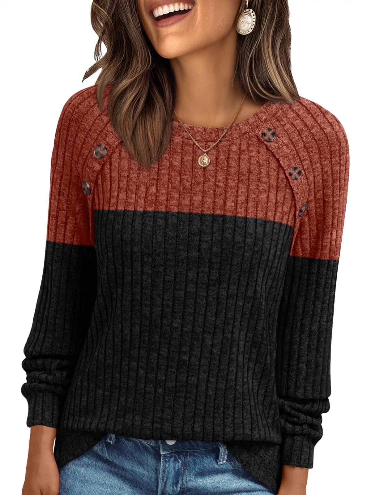 Women's Round-neck Sunken Stripe Brushed Solid Color Top Long Sleeve