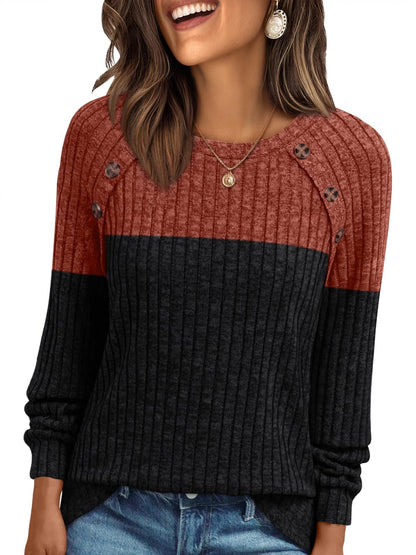 Women's Round-neck Sunken Stripe Brushed Solid Color Top Long Sleeve