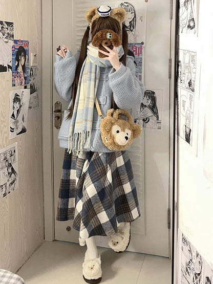 Japanese Woolen Soft Girl Thick Checks Suede All-matching Long Dress