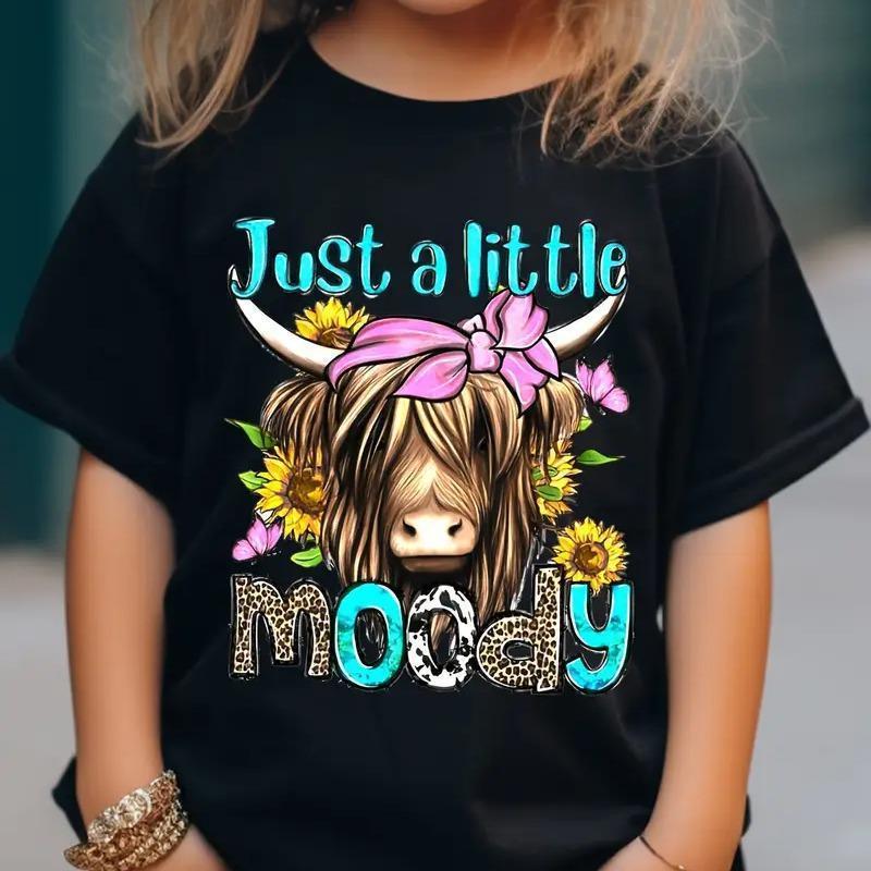 Girls' Cotton T-shirt With Cow Head Pattern Print