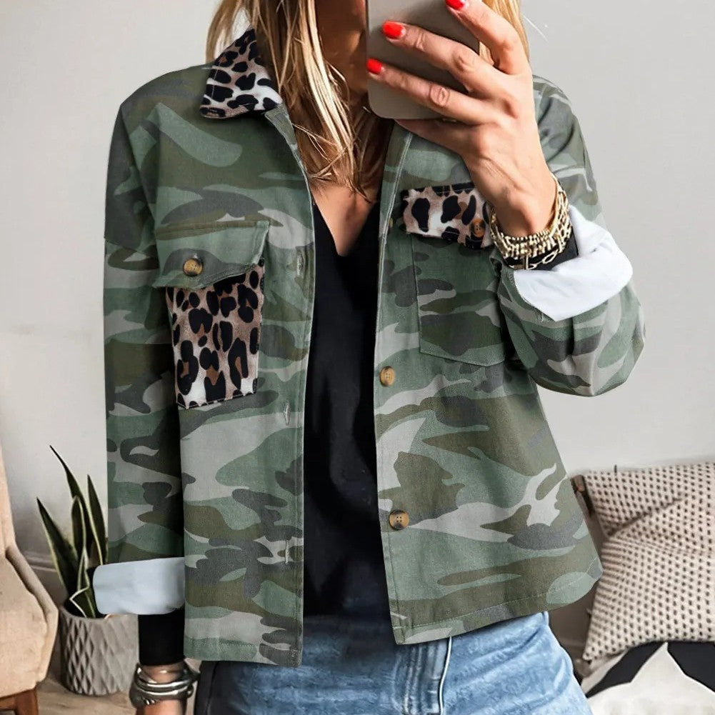 Green Camo Leopard Patchwork Flap Pocket Crop Jacket