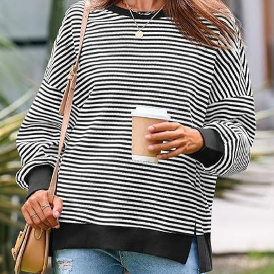 Waffle Knitted Long Sleeve Crew Neck Split Pullover Sweater