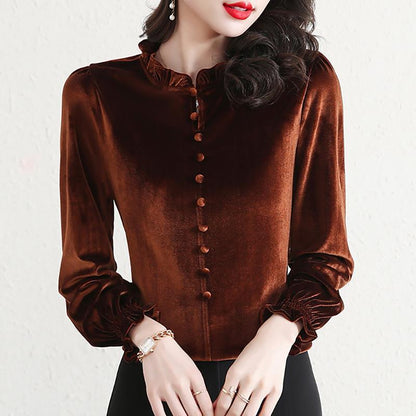 Gold Velvet Middle-aged Mom Top Western Style Slimming Women's Base Shirt
