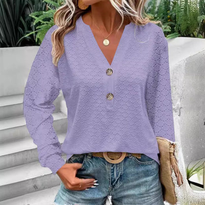 Women's Fashion Casual Solid Color Buttons V-neck Long Sleeve