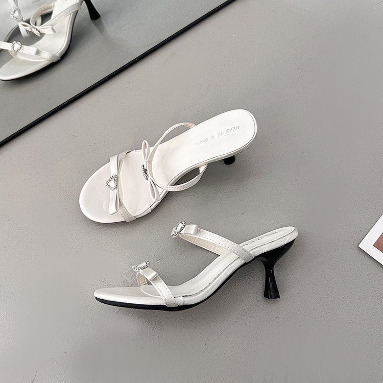 French Polka Dot Bow High-heeled Shoes For Women, White Round Toe Straight Strap Sandals For Women