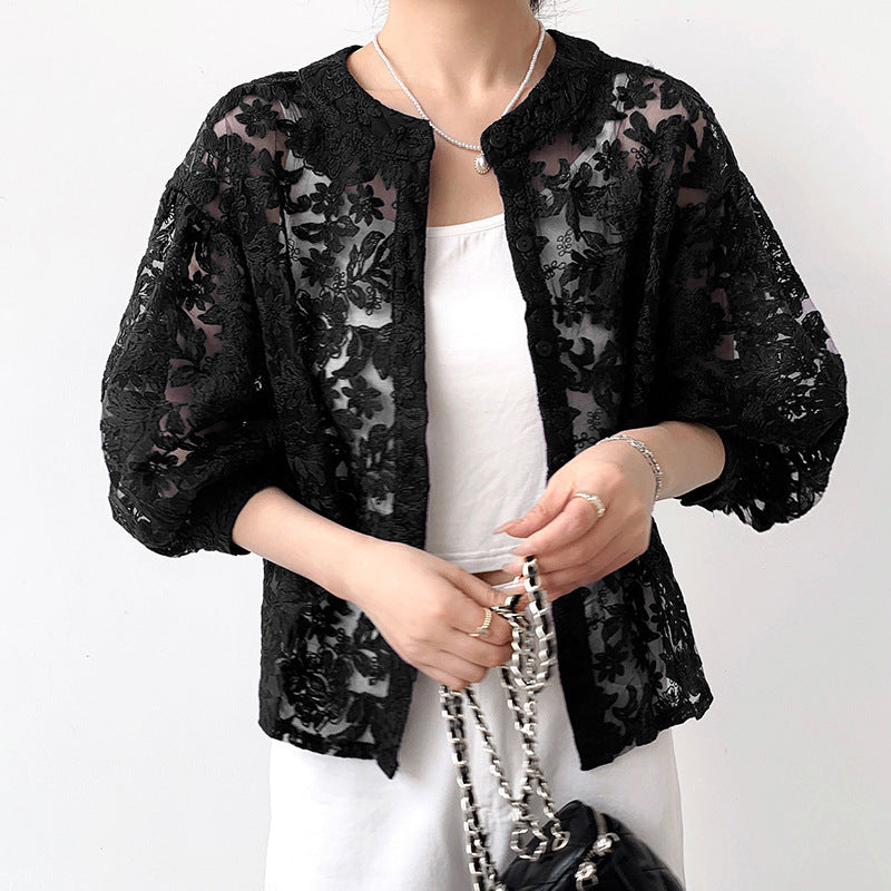 Lantern Sleeve Round Neck Lace Blouse