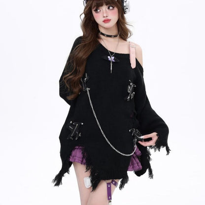 Hot Girl Ripped Tassel Off-the-shoulder Sweater For Women Autumn And Winter Loose