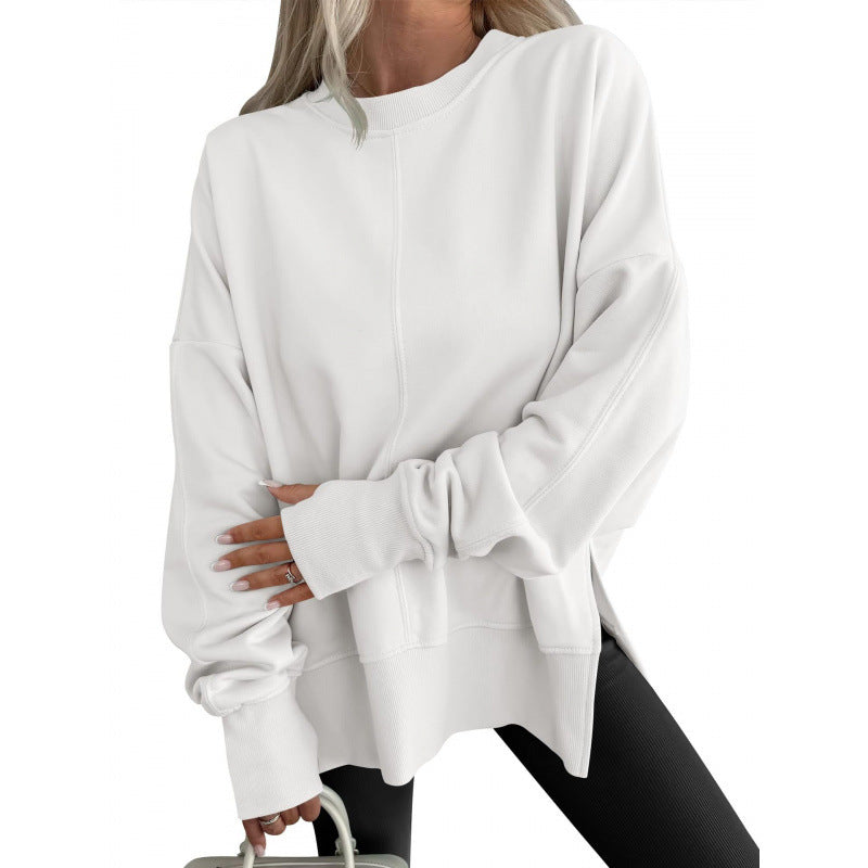 Loose Sweater Side Slit Patchwork Round Neck Bat Sleeve Velvet Hoodie