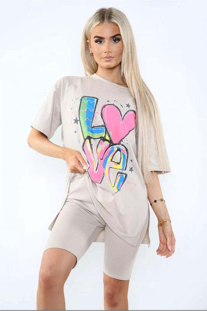 Love Side Slit Cycling Short And T-Shirts Co-Ord Two Piece Set With Front Love Slogan