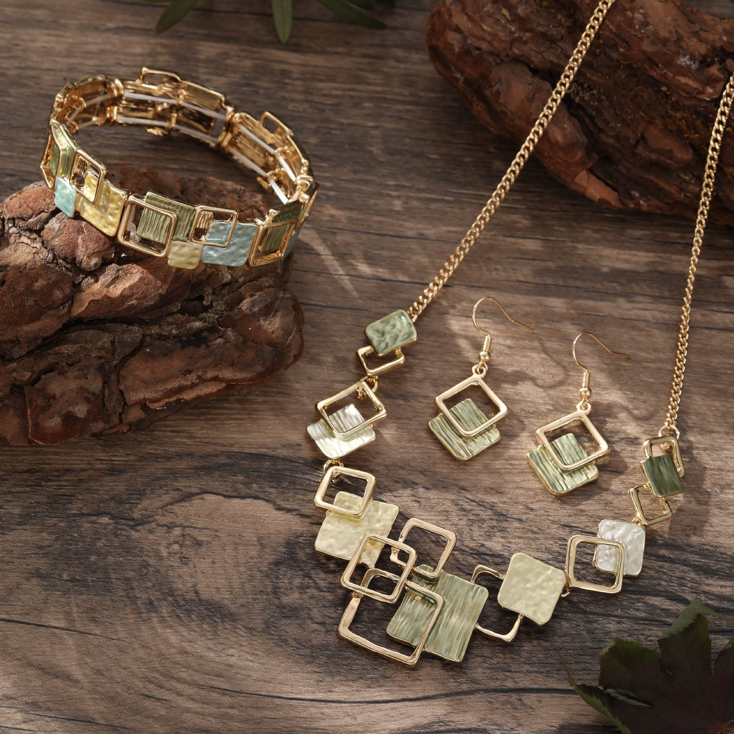Colorful Geometric Square Jewelry Set – Earrings, Bracelet & Necklace