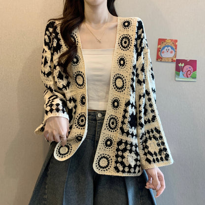 High-grade Crocheted Hollow-out Design Long-sleeved Knitted Cardigan