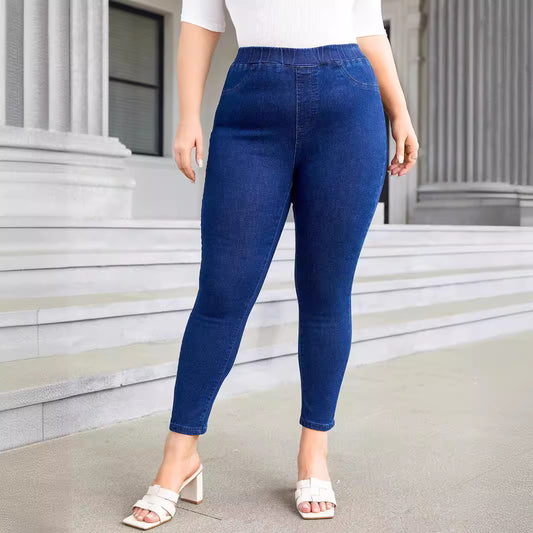 Plus Size Denim Elastic Waist Cropped Skinny Pants Elastic