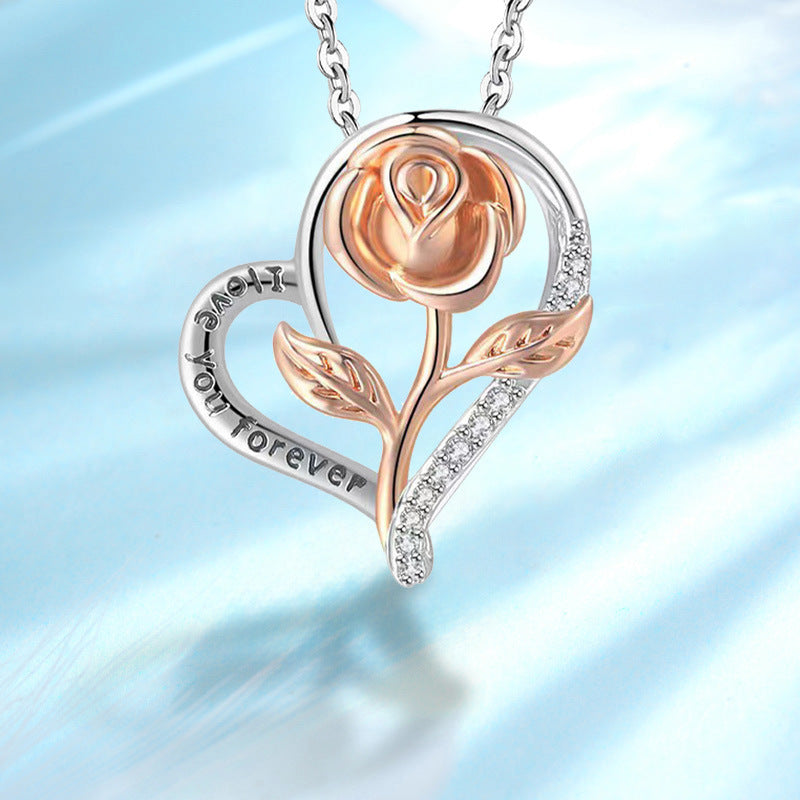 S925 Heart-Shaped Rose Necklace – European & American Style
