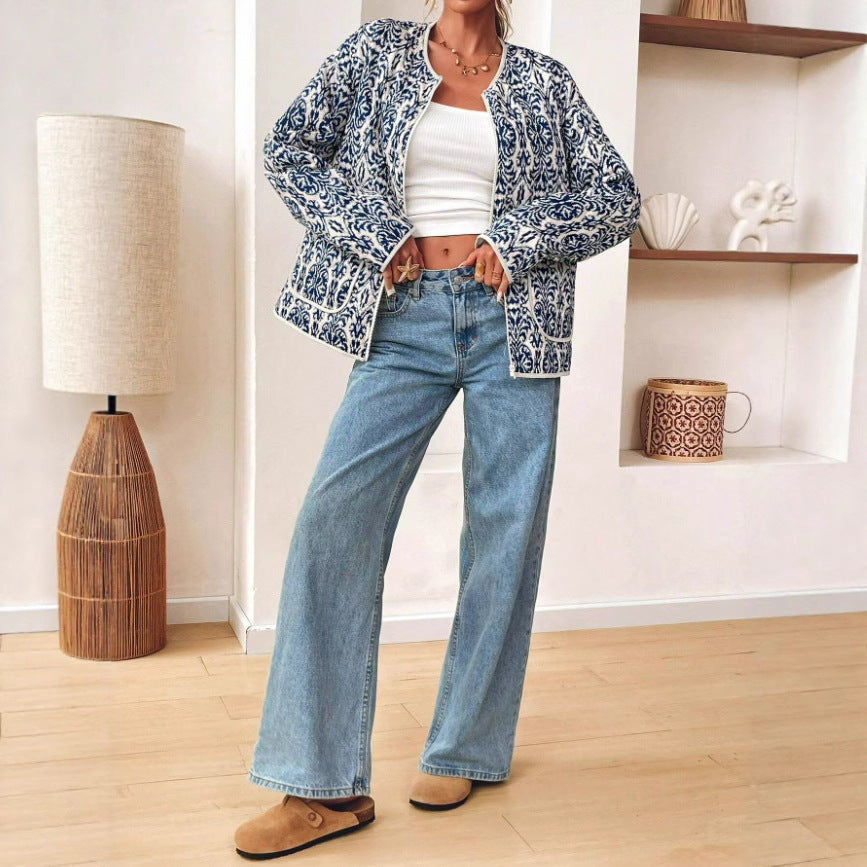 Simple Zip Long Sleeve Coat Women's Printed Wear