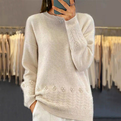Women's Solid Color 3D Floral Embroidered Sweater, Loose Round Neck Long Sleeve Pullover For Autumn & Winter