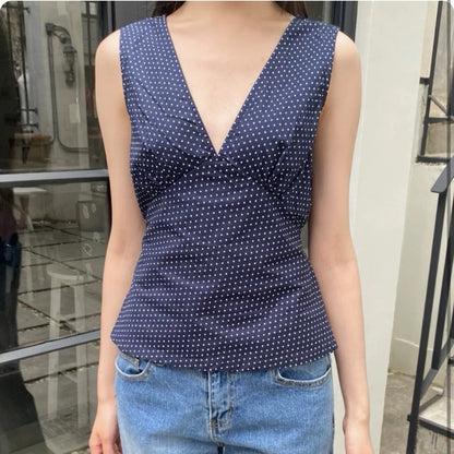Navy Blue Polka Dot V-neck Tight Waist Outerwear Top