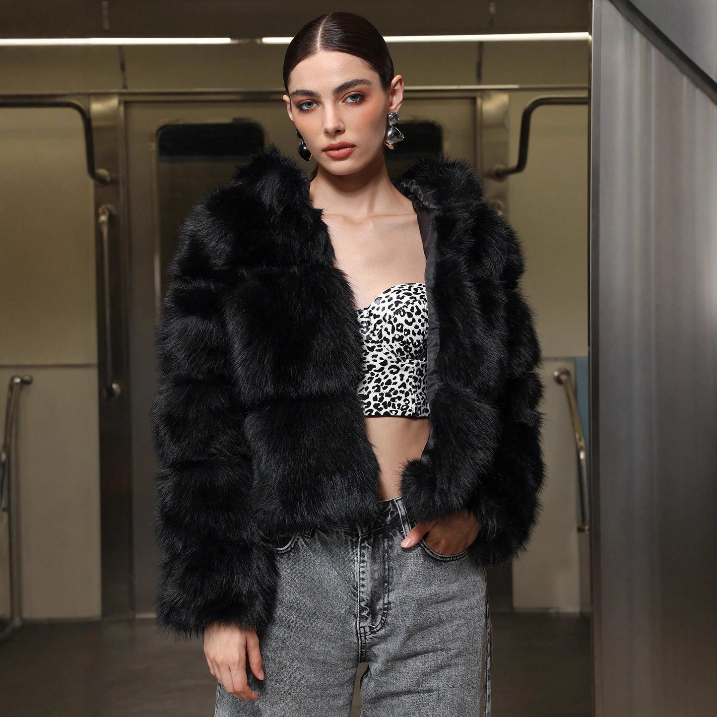 Black Faux Fur Short Hood Jacket