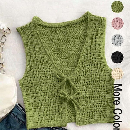 Women's Solid Color Tie Front Sweater Vest Casual Crochet