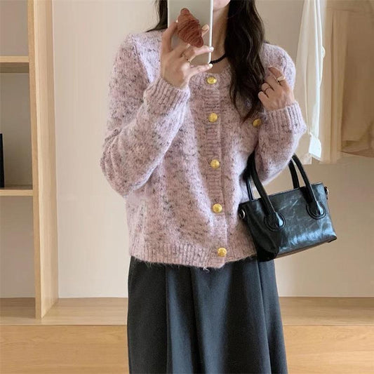 Short Variegated Round Neck Sweater Coat