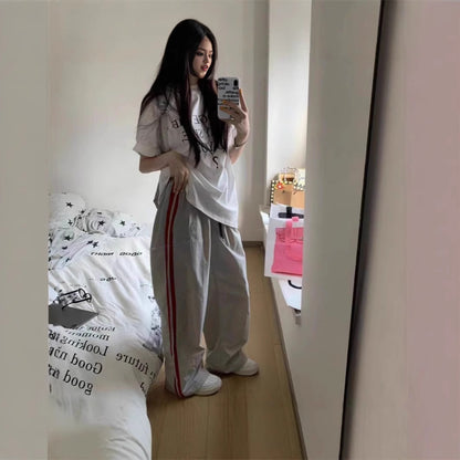 American Striped Sports Pants Female Spring And Autumn Loose Wide Leg Leisure