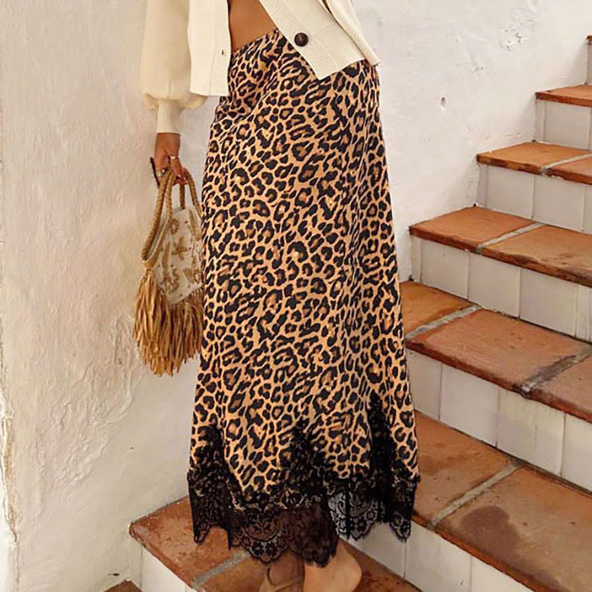 Autumn And Winter New European And American Style Leopard Print Lace Long Skirt