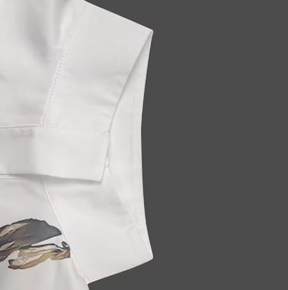 Long Sleeve And Loose Print Top Stand Collar Shirt