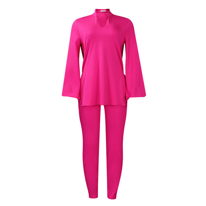 Solid Color Plus Size V-neck Long Sleeve Top Pants Suit