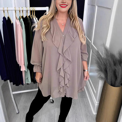 Women's Solid Color Loose Lotus Leaf V-neck Long Sleeve Shirt