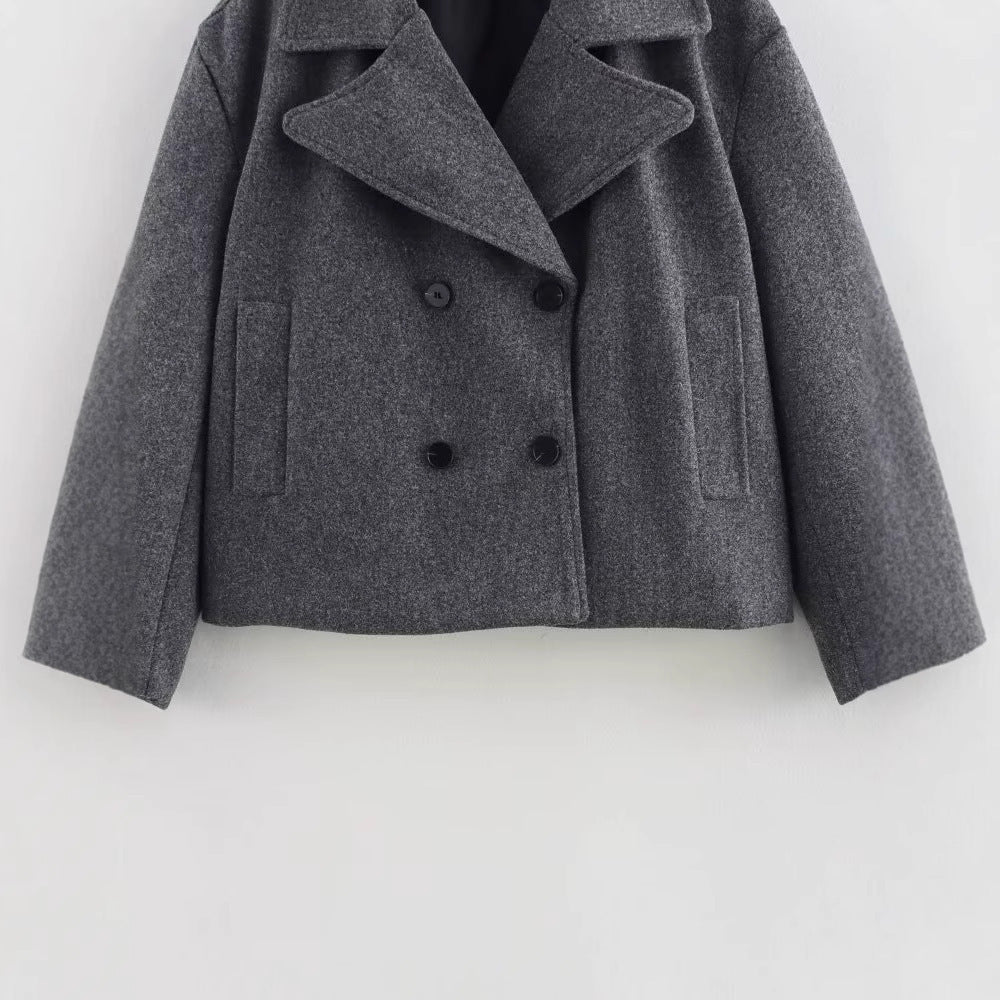 Gray Suit Woolen Jacket Women's Loose Double-breasted Short Coat