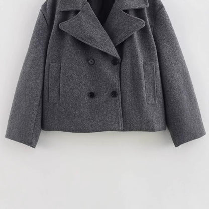 Gray Suit Woolen Jacket Women's Loose Double-breasted Short Coat
