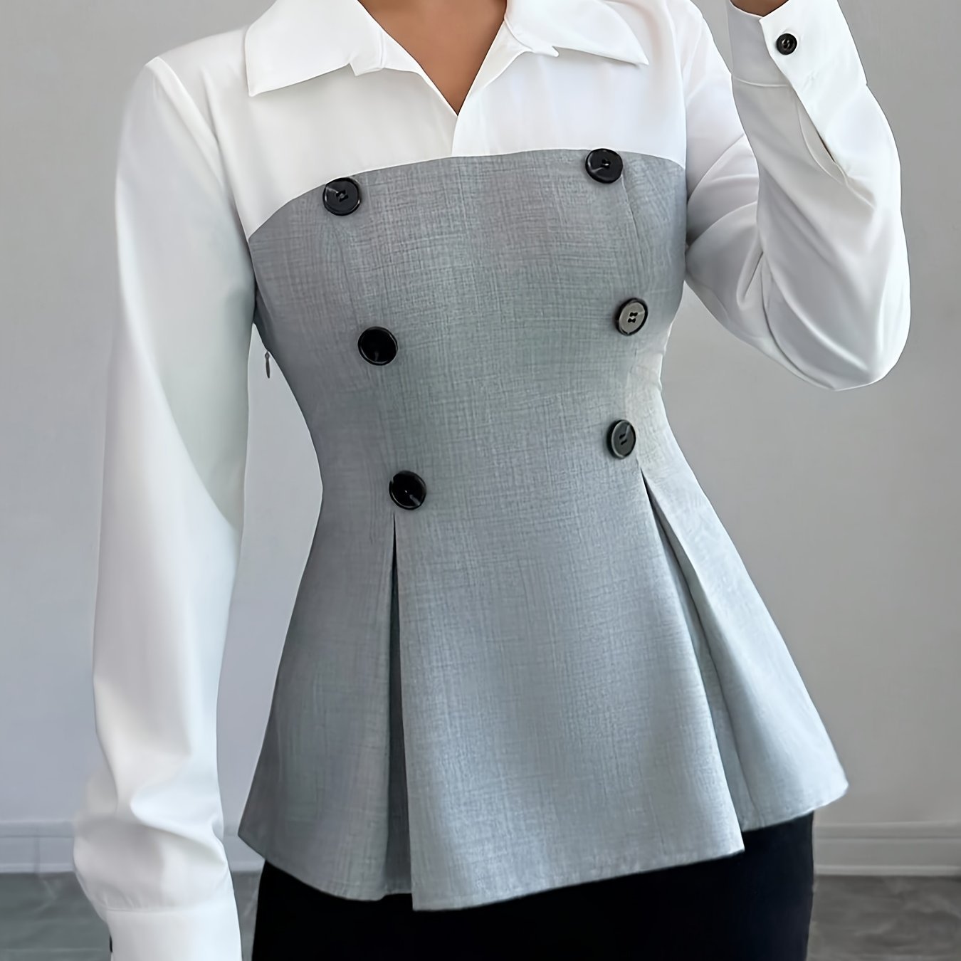 Women's Long-sleeved Contrast Color Double Breasted Fitted Waist Shirt