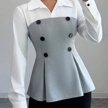 Women's Long-sleeved Contrast Color Double Breasted Fitted Waist Shirt