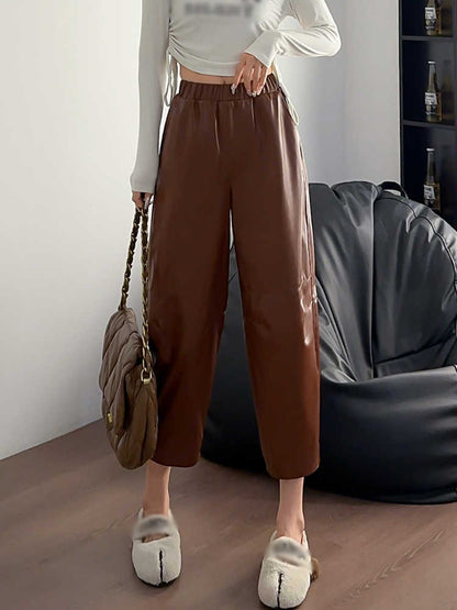 Women's Casual Simple All-match Leather Wide-leg Trousers