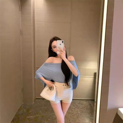 Off-neck Blue T-shirt Women's Summer Tight Waist Slimming And Shoulder Hollow Top