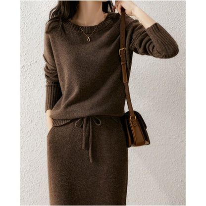 Knitted Loose Slimming Top With Skirt Two-piece Set For Women