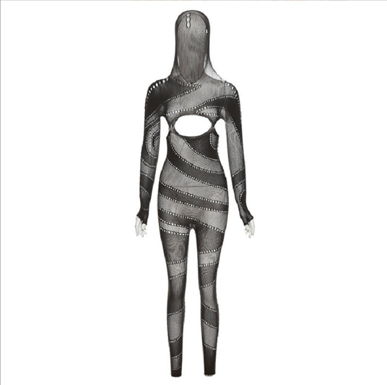 New Sexy Lace Hollow Out See-through Hooded High Waist Tight Knitted